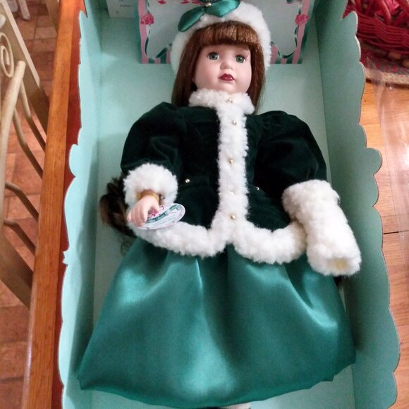 Vintage Brass Key Winter Christmas Holiday Porcelain Doll 16" - Picture 2 of 7